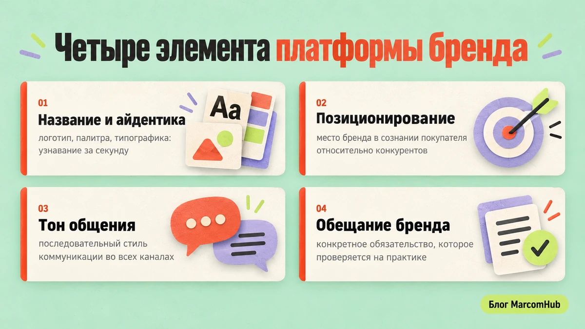 Схема четырех элементов платформы бренда: название и айдентика, позиционирование, тон общения, обещание