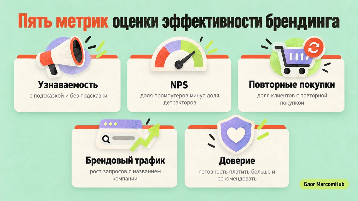 Схема пяти метрик оценки эффективности брендинга: узнаваемость, NPS, повторные покупки, брендовый трафик, доверие