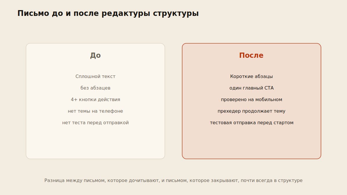Сравнение письма до и после редактуры: структура, один призыв к действию, короткие абзацы
