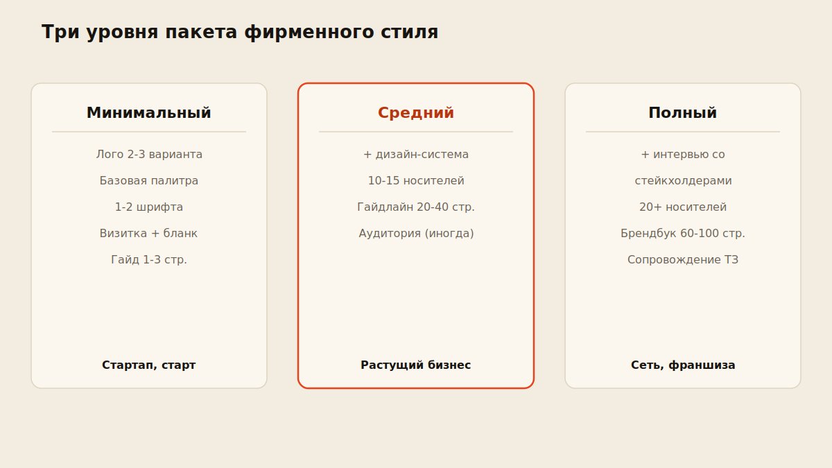 Сравнение трех уровней пакета фирменного стиля: минимальный, средний, полный