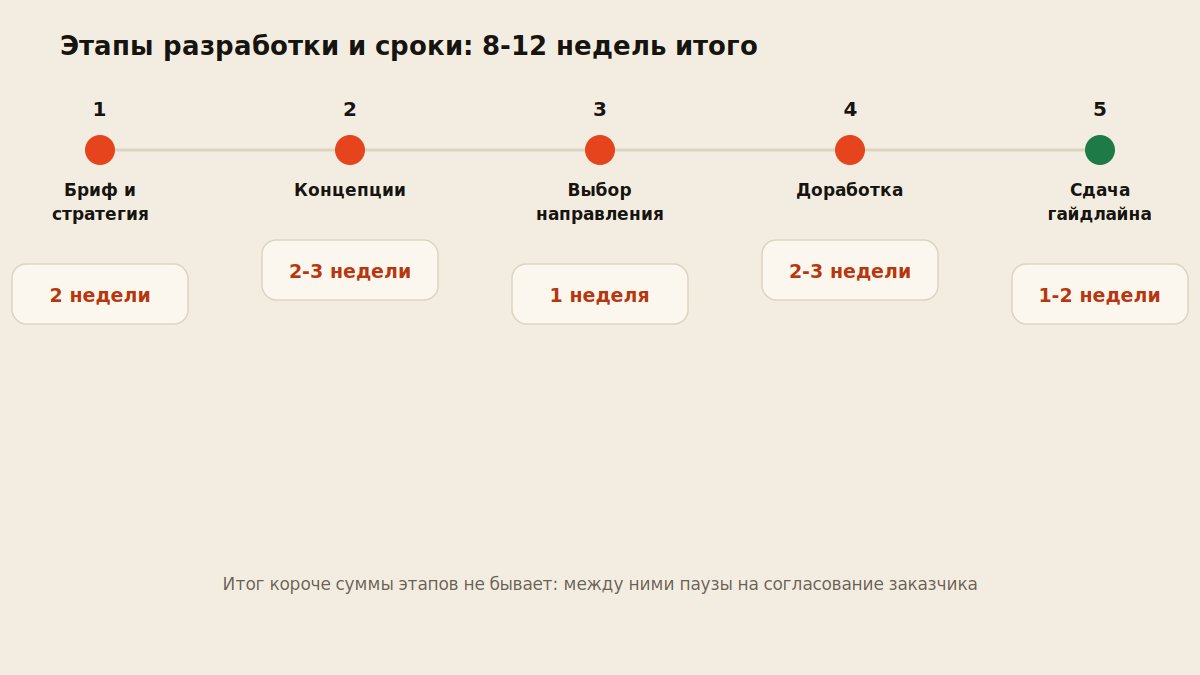 Таймлайн этапов разработки фирменного стиля со сроками в неделях