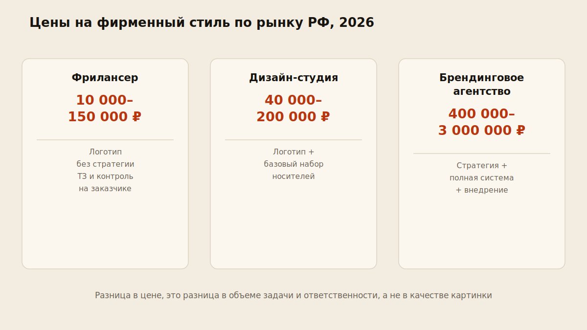 Сравнение цен на фирменный стиль по типам исполнителя: фрилансер, студия, агентство
