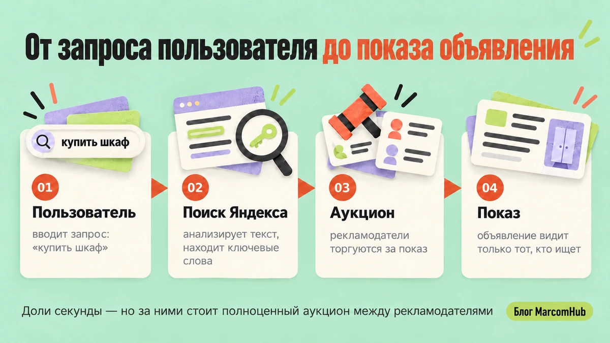 Схема пути от поискового запроса пользователя до показа рекламного объявления