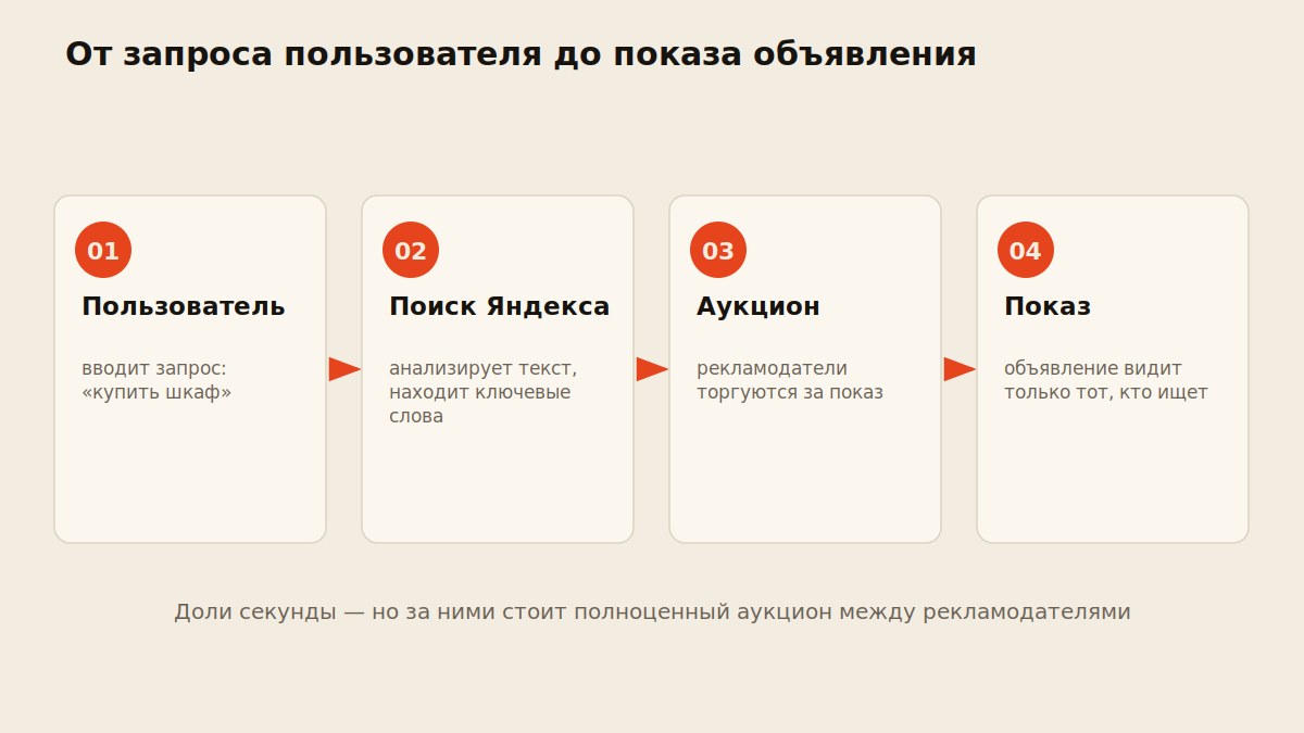 Схема пути от поискового запроса пользователя до показа рекламного объявления