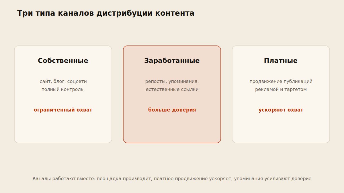 Схема трех типов каналов распространения контента: собственные, заработанные, платные