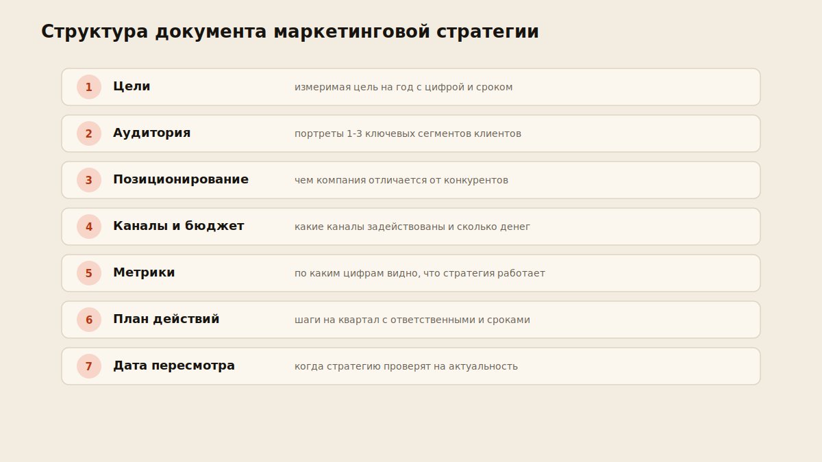 Схема структуры документа маркетинговой стратегии из семи разделов