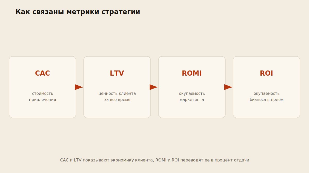 Схема связи метрик CAC, LTV, ROMI и ROI в маркетинговой стратегии