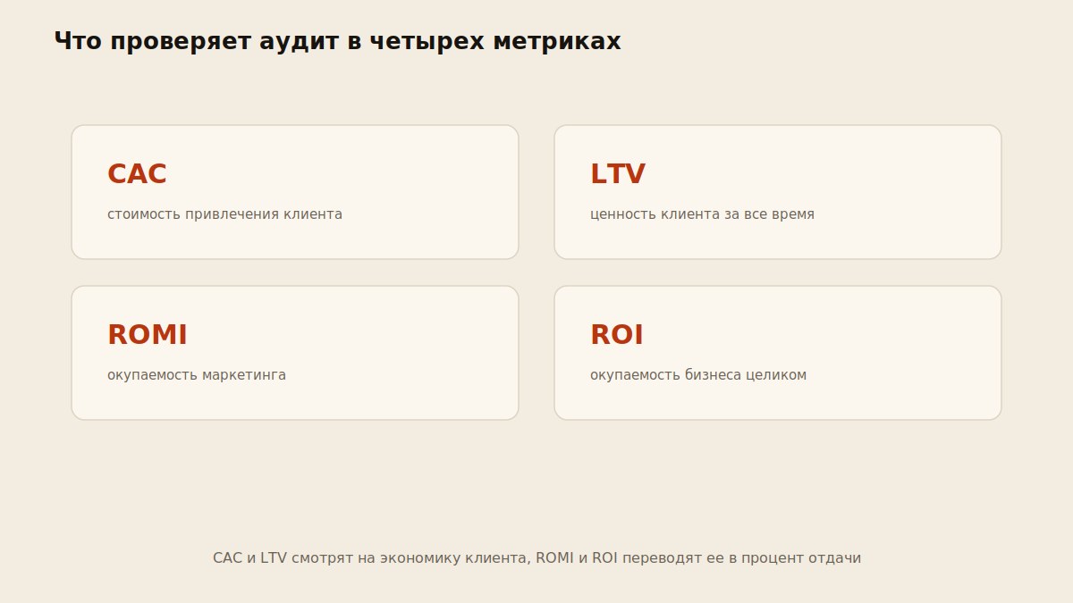 Схема связи метрик CAC, LTV, ROMI и ROI при маркетинговом аудите