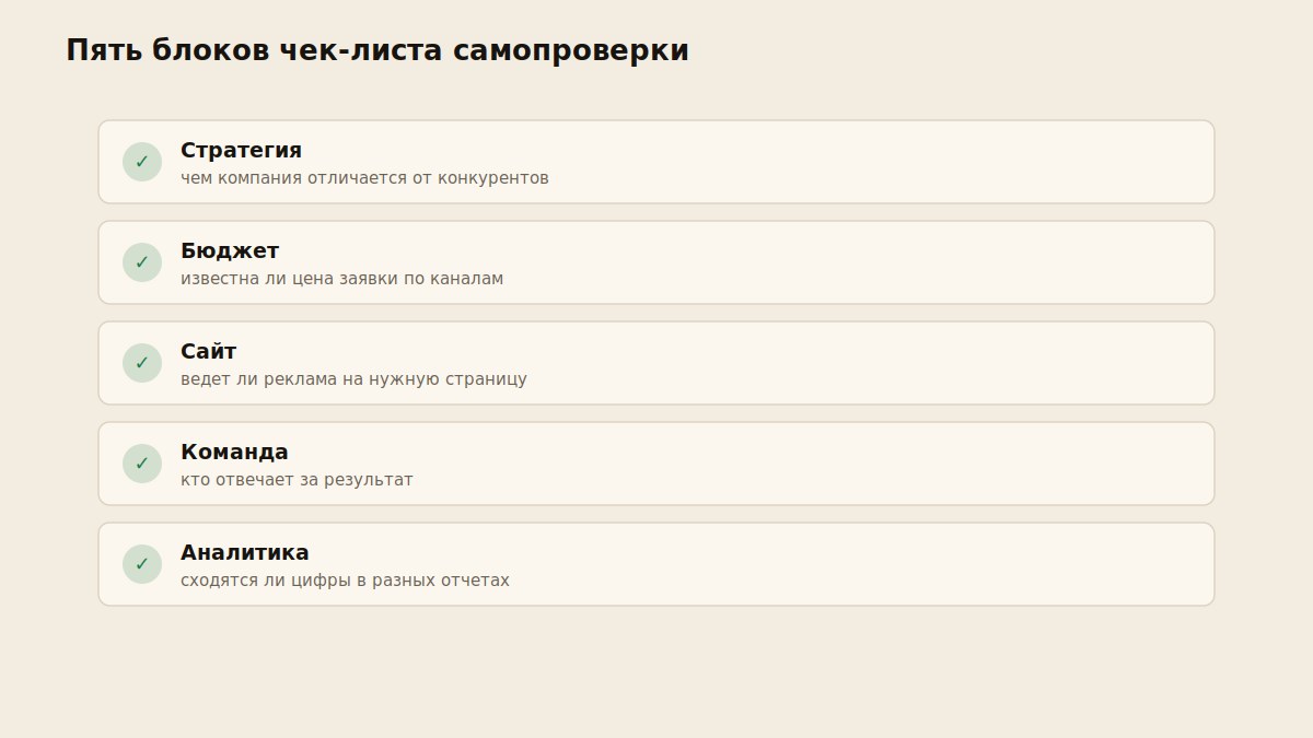 Чек-лист самопроверки маркетинга по пяти блокам: стратегия, бюджет, сайт, команда, аналитика