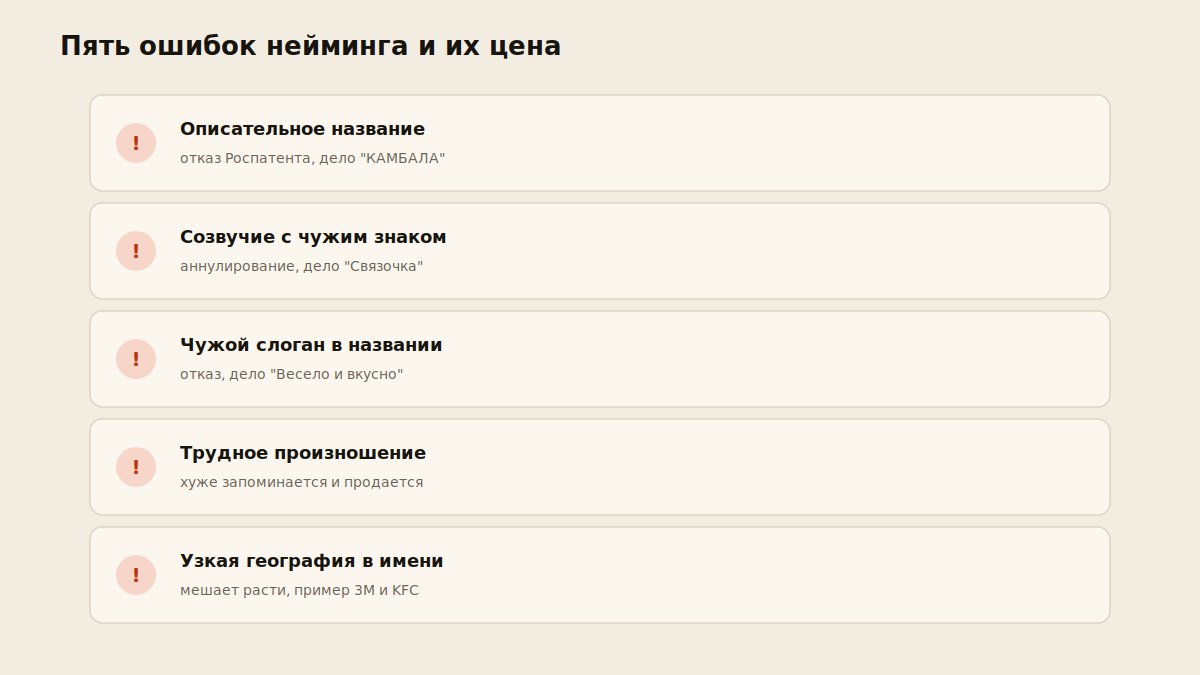 Схема пяти типичных ошибок нейминга со ссылками на реальные судебные дела