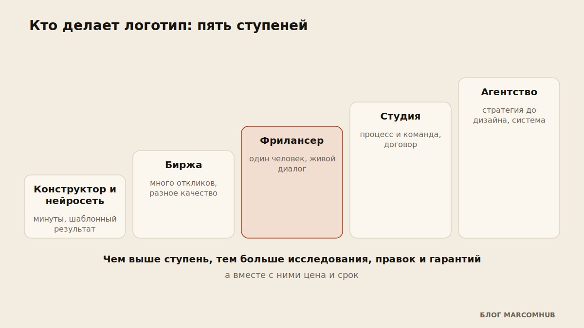 Схема пяти ступеней исполнителей логотипа от конструктора до агентства