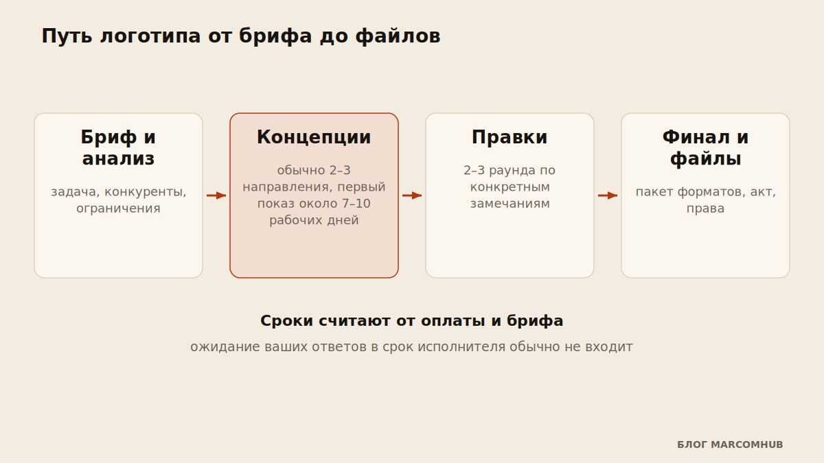 Схема этапов разработки логотипа от брифа до передачи файлов