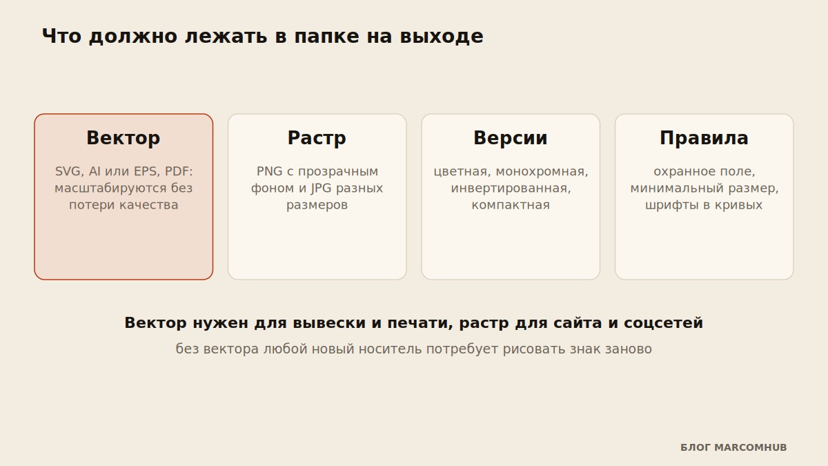 Схема пакета файлов логотипа: вектор, растр, версии и правила