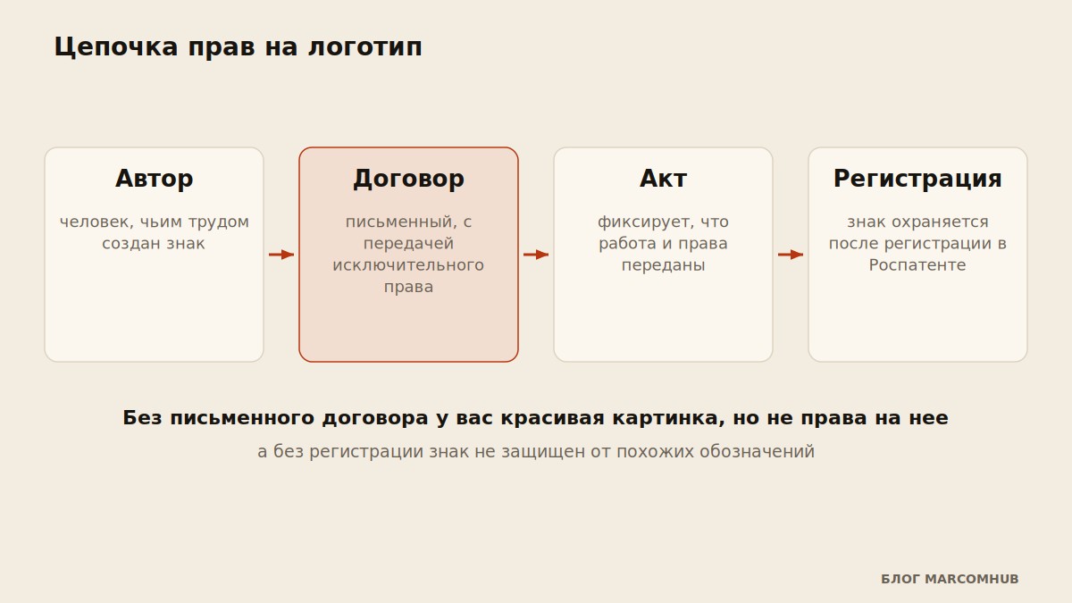 Схема цепочки прав на логотип от автора до регистрации знака