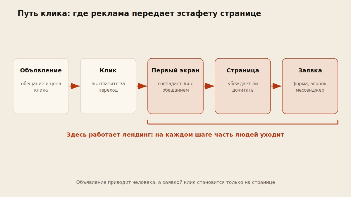 Схема пути клика от объявления до заявки с потерями на каждом шаге