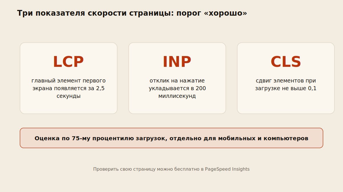 Схема трех показателей скорости страницы LCP, INP, CLS с пороговыми значениями