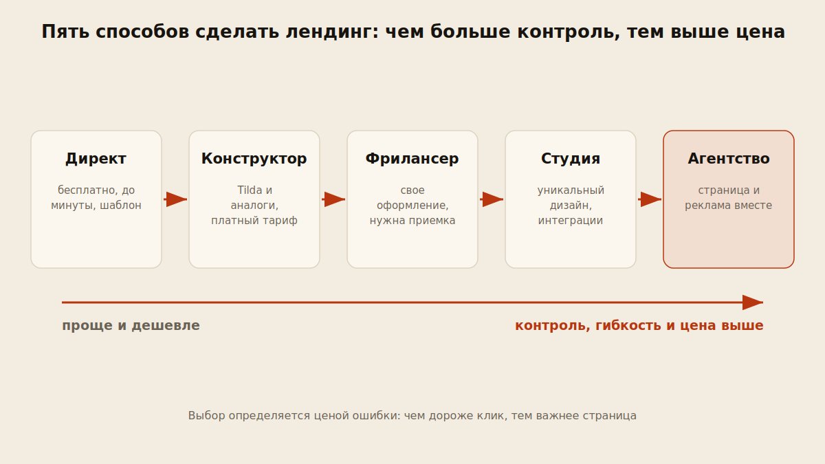 Схема пяти способов сделать лендинг от конструктора Директа до агентства по контролю и цене