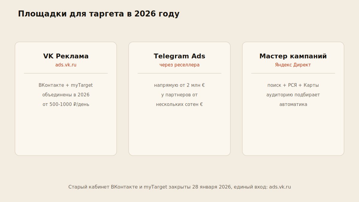 Схема площадок для таргетированной рекламы 2026: VK Реклама, Telegram Ads, Мастер кампаний