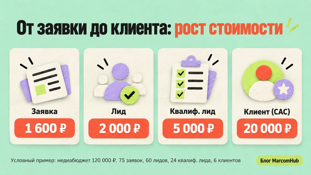 Схема роста стоимости от заявки до клиента: CPL 2000 рублей, CAC 20000 рублей