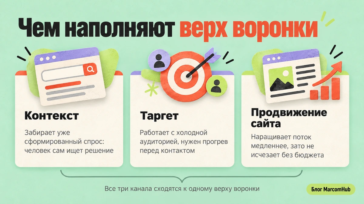 Схема трех каналов лидогенерации: контекст, таргет, продвижение сайта