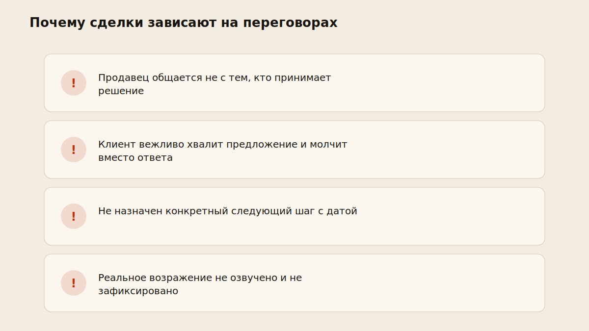 Чек-лист причин зависания сделок на этапе переговоров