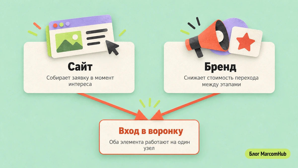 Схема входа в воронку продаж через сайт и узнаваемость бренда