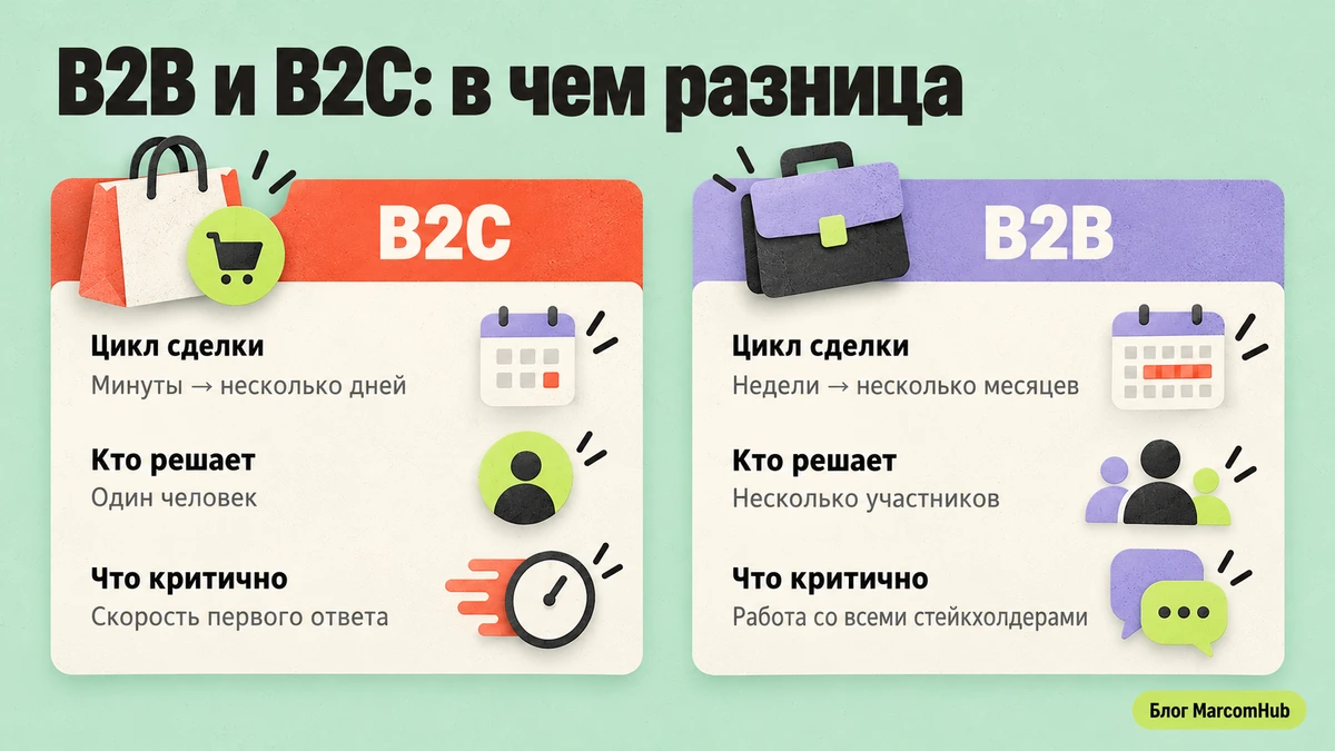 Сравнение воронки продаж B2B и B2C по длине цикла и числу участников решения
