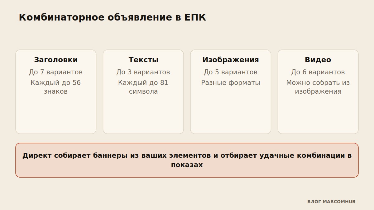 Схема комбинаторного объявления: заголовки, тексты, изображения и видео